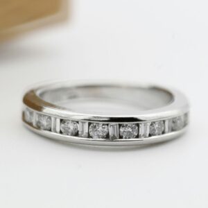 Channel-set platinum ring featuring a row of brilliant-cut diamonds, showcasing the sleek, durable elegance of platinum.